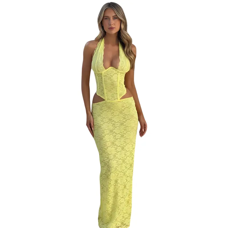 Damen Maxikleid mit Korsett & Spitze | Elegantes Neckholder Abendkleid mit Schlitz | Figurbetonte Silhouette für Hochzeiten & Galas