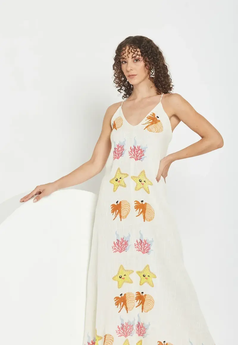 Damen Maxikleid mit Meeresstickerei | Coral Coast Sommerkleid | Leichtes Strandkleid | Luftig & Fließend