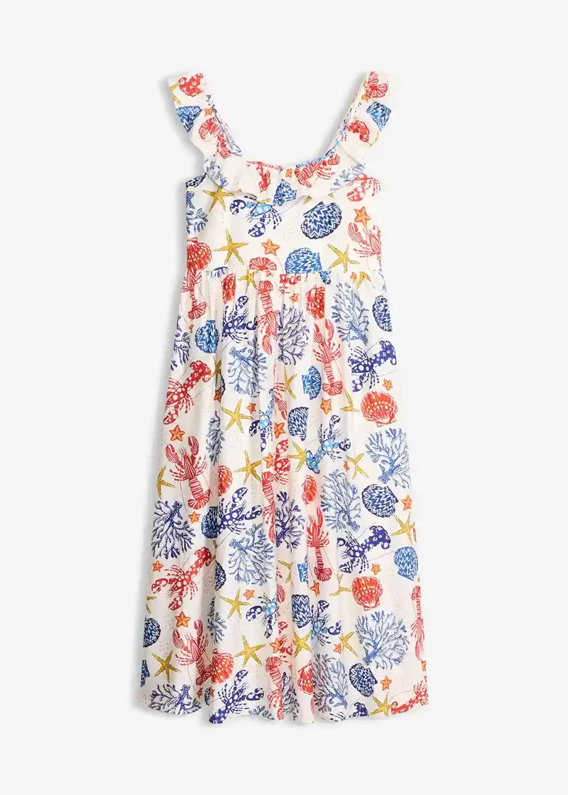 Damen Maxikleid mit Meerestier-Print | Luftiges Sommerkleid mit Rüschen-Trägern | Lockeres Freizeitkleid für Urlaub & Strand