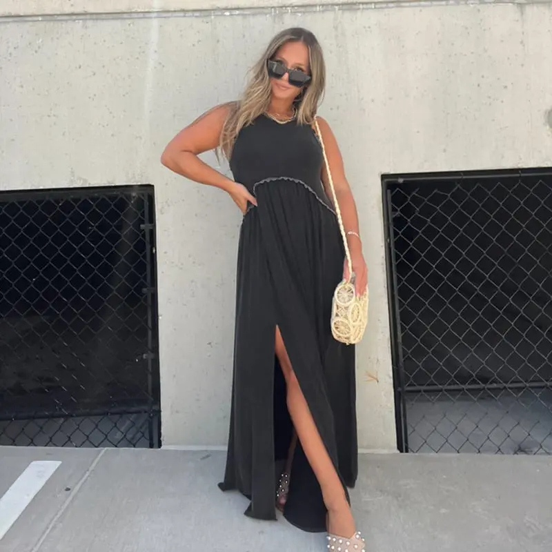 Damen Maxikleid mit Schlitz | luftiges Sommer Tankkleid mit Empire-Taille | Stufenrock & Spitzensaum | locker fallend