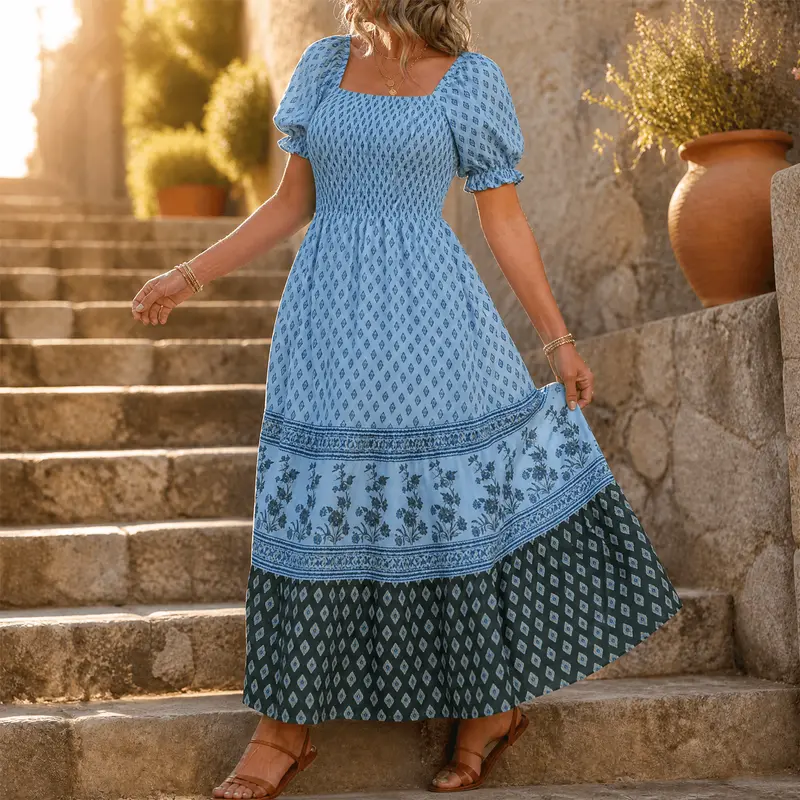 Damen Maxikleid mit Smock-Oberteil & Puffärmeln | Eckiger Ausschnitt, stufiger Rock | Ornament-Print, 6 Farben