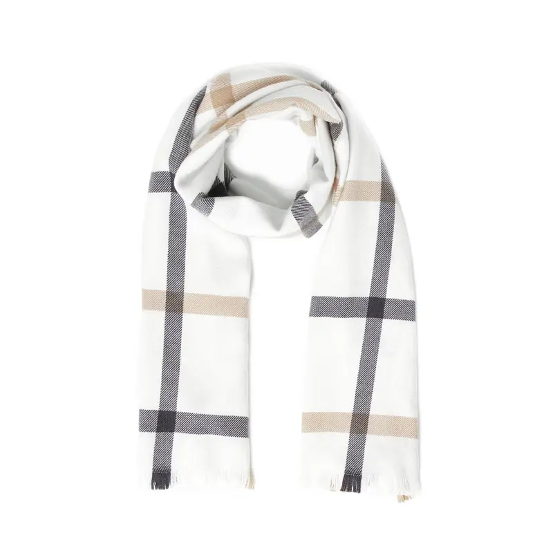Damen Merinoschal | Karoschal in Weiß, Anthrazit und Beige mit Fransen und weicher Strickstruktur
