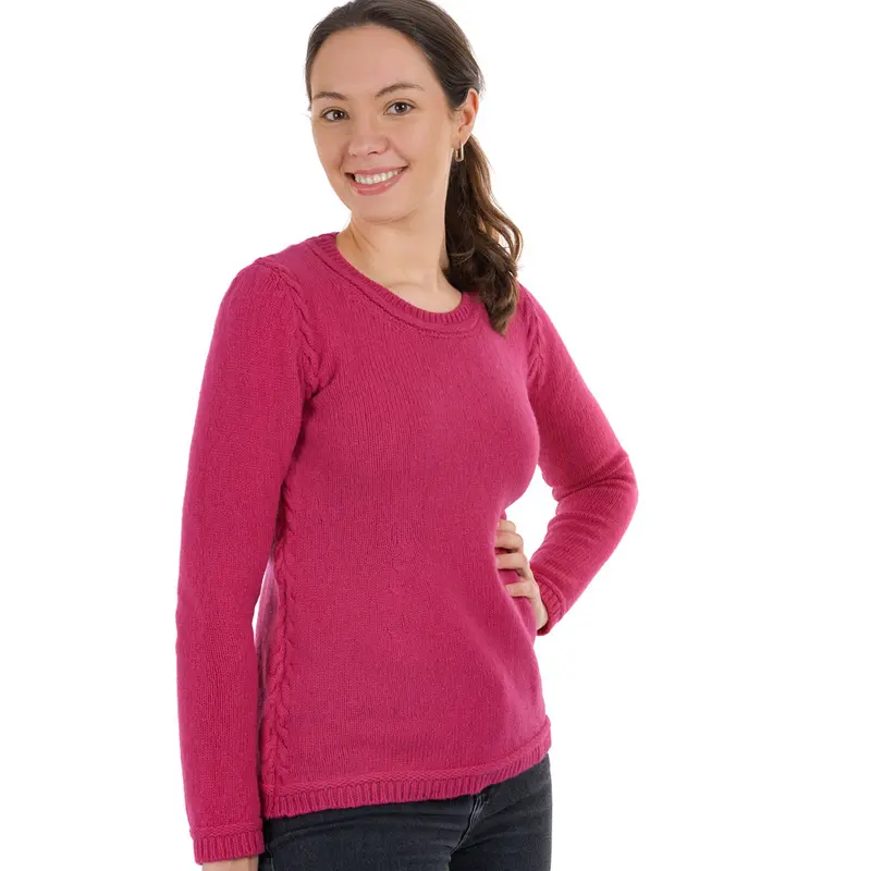 Damen Merinowollpullover | Rundhalspullover mit feinem Strick und Zopfmuster an den Ärmeln