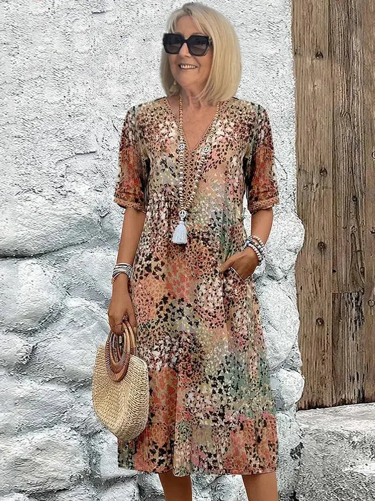 Damen Midi-Kleid Leinen-Baumwolle | V-Ausschnitt & lebendiger Print | Fließender Schnitt | Bequem & luftig | S–3XL