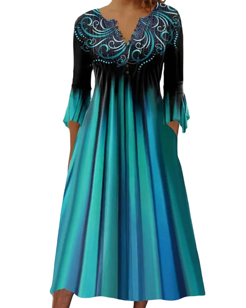 Damen Midi-Kleid mit Farbverlauf & 3/4-Ärmeln | Schmeichelnde Passform | Elegant & vielseitig für Alltag & Anlass