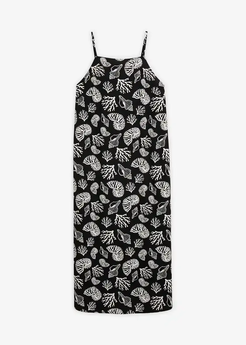Damen Midi-Kleid mit Muschelmuster | Luftiges Sommerkleid mit Spaghettiträgern | Viskosekleid für Urlaub & Strand
