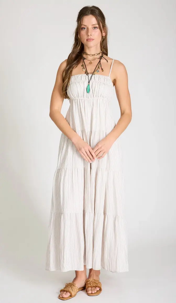 Damen Midi-Kleid mit Streifenmuster | Sommerkleid mit Smok-Oberteil & Spaghettiträgern | Luftiges Freizeitkleid