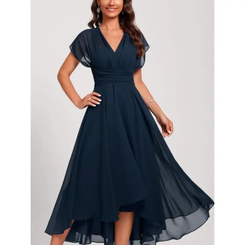 Damen Midi-Kleid mit V-Ausschnitt & ausgestelltem Rock | Formell & elegant | Fließender Fall für Hochzeit, Business & Abend