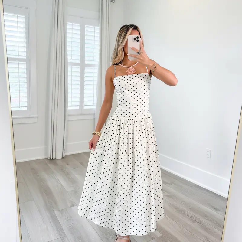 Damen Midikleid mit Polka Dots | Schwarz-Weißes A-Linien Kleid | Spaghettiträger | Retro Sommerkleid