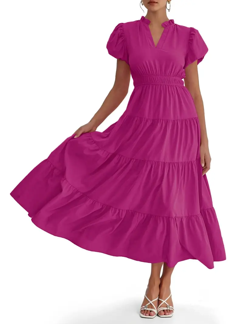 Damen Midikleid mit Puffärmeln & V-Ausschnitt | Gesmokte Taille & stufiger Rock | Fließend, atmungsaktiv, S–XXL