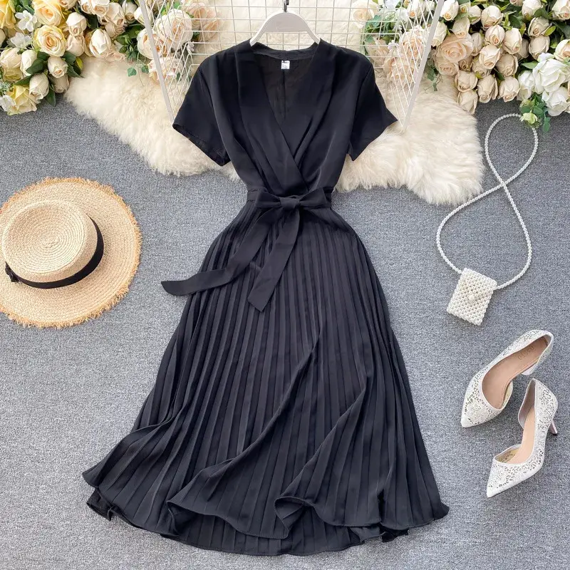 Damen Midikleid mit V-Ausschnitt & Plissee-Design | Hohe Taille | Elegantes Kleid für Alltag, Freizeit & besondere Anlässe