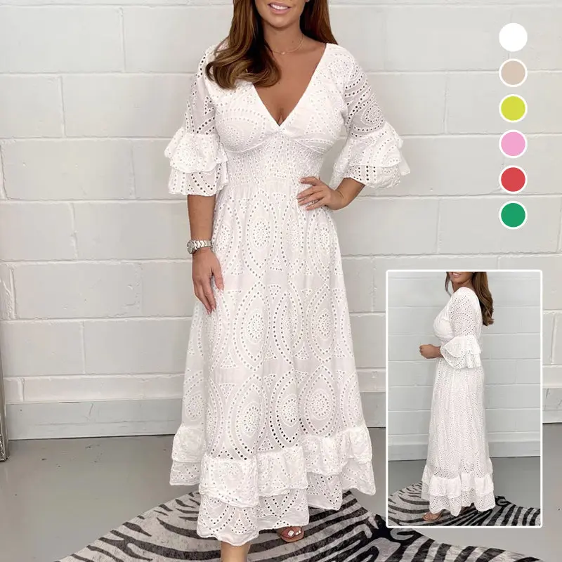 Damen Midikleid V-Ausschnitt mit hoher Taille | Bestickte Ärmel, elastischer Bund | Luftig aus Baumwolle | Elegant & Alltag