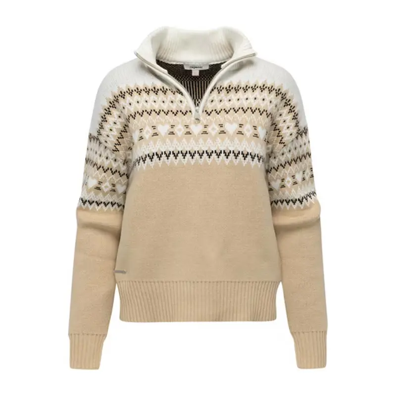 Damen Norweger Strickpullover mit Troyerkragen | Gerade geschnittener Pullover mit Norweger-Muster und Reißverschluss