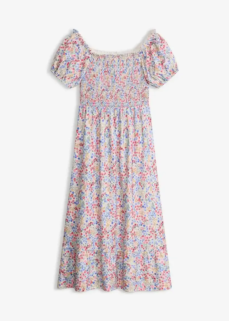 Damen Off-Shoulder Midikleid mit Blumenmuster | Luftiges Sommerkleid | Lockeres Freizeitkleid für Urlaub & Gartenparty