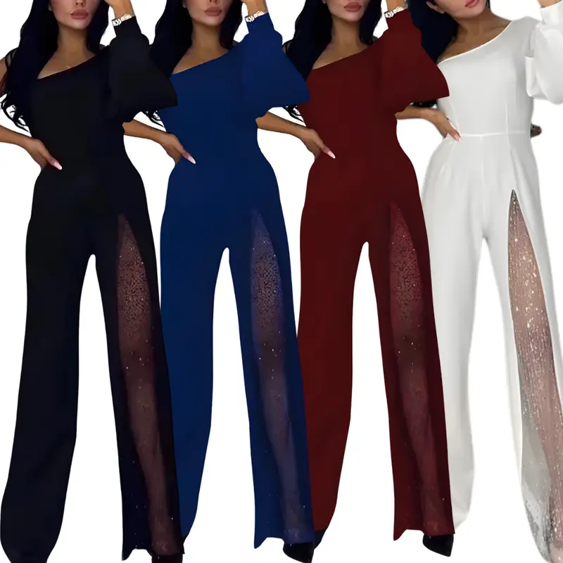 Damen One-Shoulder Jumpsuit mit Glitzer | Eleganter Abendoverall mit Weitem Bein | Figurbetonte Passform für Hochzeit & Party