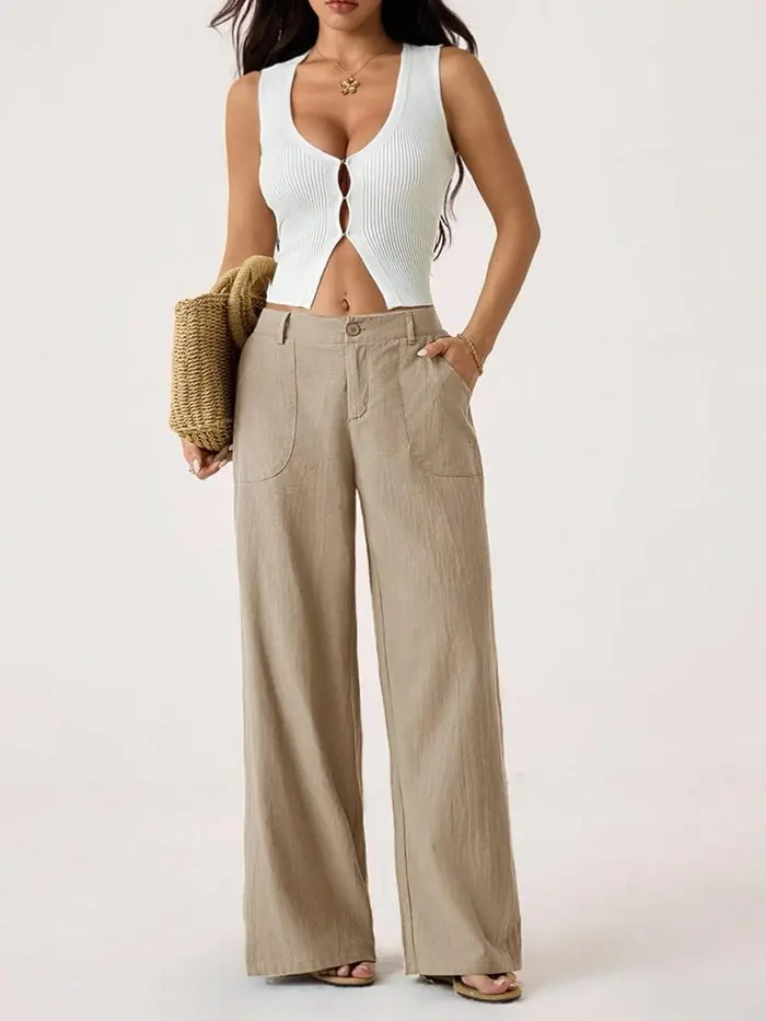 Damen Palazzo Hose aus Baumwoll-Leinen | High Waist Sommerhose mit Weitem Bein & Taschen | Luftig & Bequem