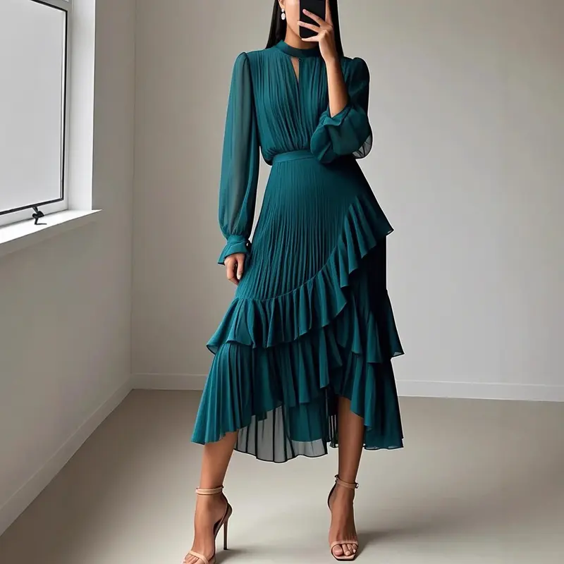 Damen Plissee-Midikleid mit Volantsaum & Schlüsselloch-Ausschnitt | Tailliert, elegant & fließend | Transparente lange Ärmel | S–2XL