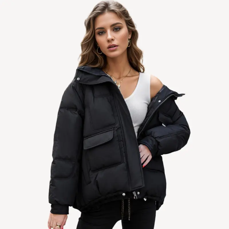 Damen Pufferjacke mit Kapuze | Warme Oversize Winterjacke mit großen Taschen und verstellbarem Saum für kalte Wintertage