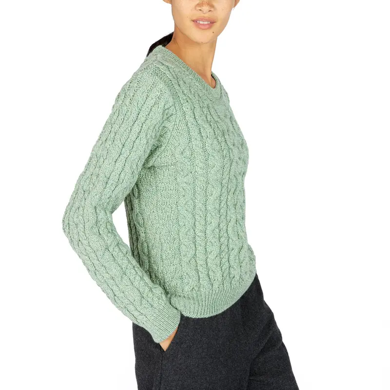 Damen Pullover | Schurwollpullover mit Zopfmuster, Rundhalsausschnitt und melierter Optik
