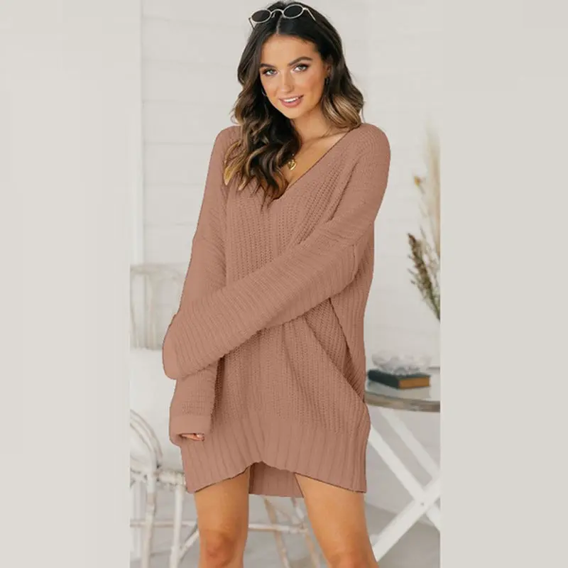 Damen Pulloverkleid aus Wolle mit V-Ausschnitt | Grobstrick Strickkleid mit Strukturmuster und lässigem Schnitt für Alltag