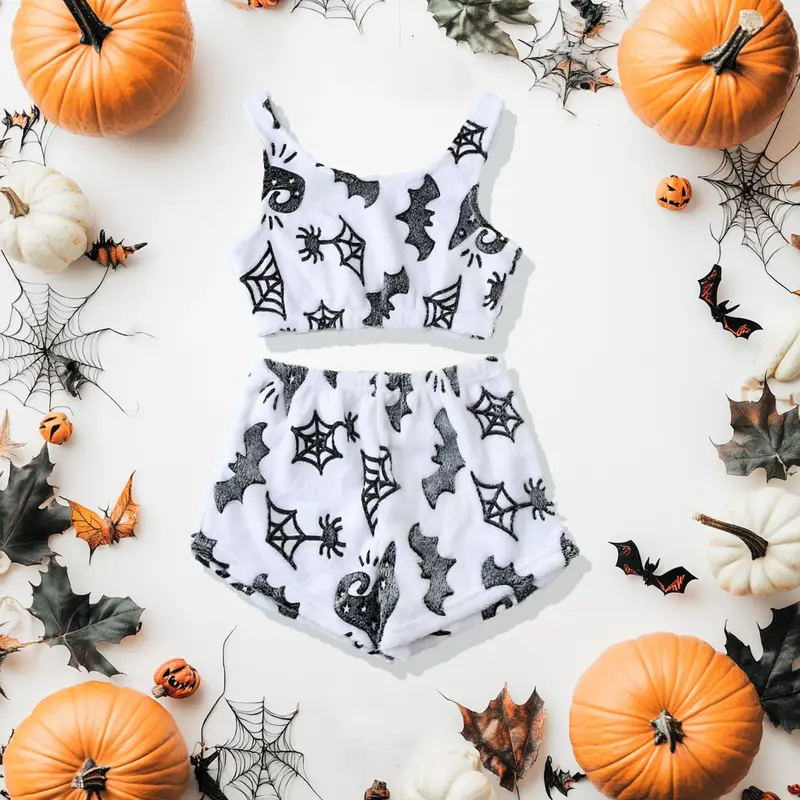 Damen Pyjama-Set Halloween mit Geister-Print | Langarm Oberteil + Hose | Warm, weich & gemütlich für Herbstabende