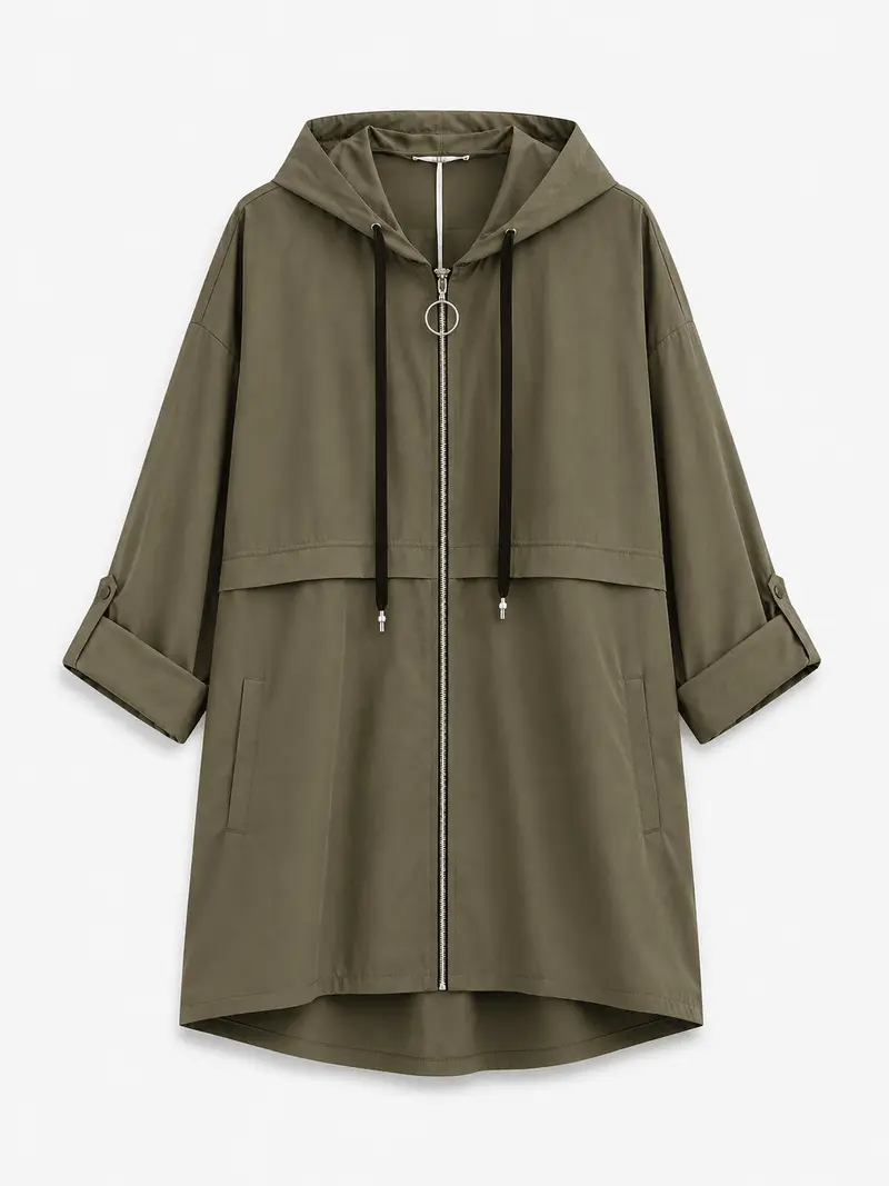 Damen Regen Parka Khaki mit Kapuze | Lange Übergangsjacke mit Kordelzug, Reißverschluss und Taschen | Einheitsgröße 36–42