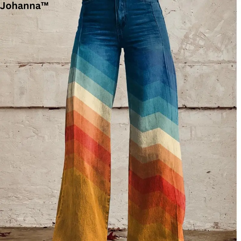 Damen Retro Hose mit buntem Chevron-Muster | Weites Bein, elastisch & atmungsaktiv | Statement-Look für Alltag & Events
