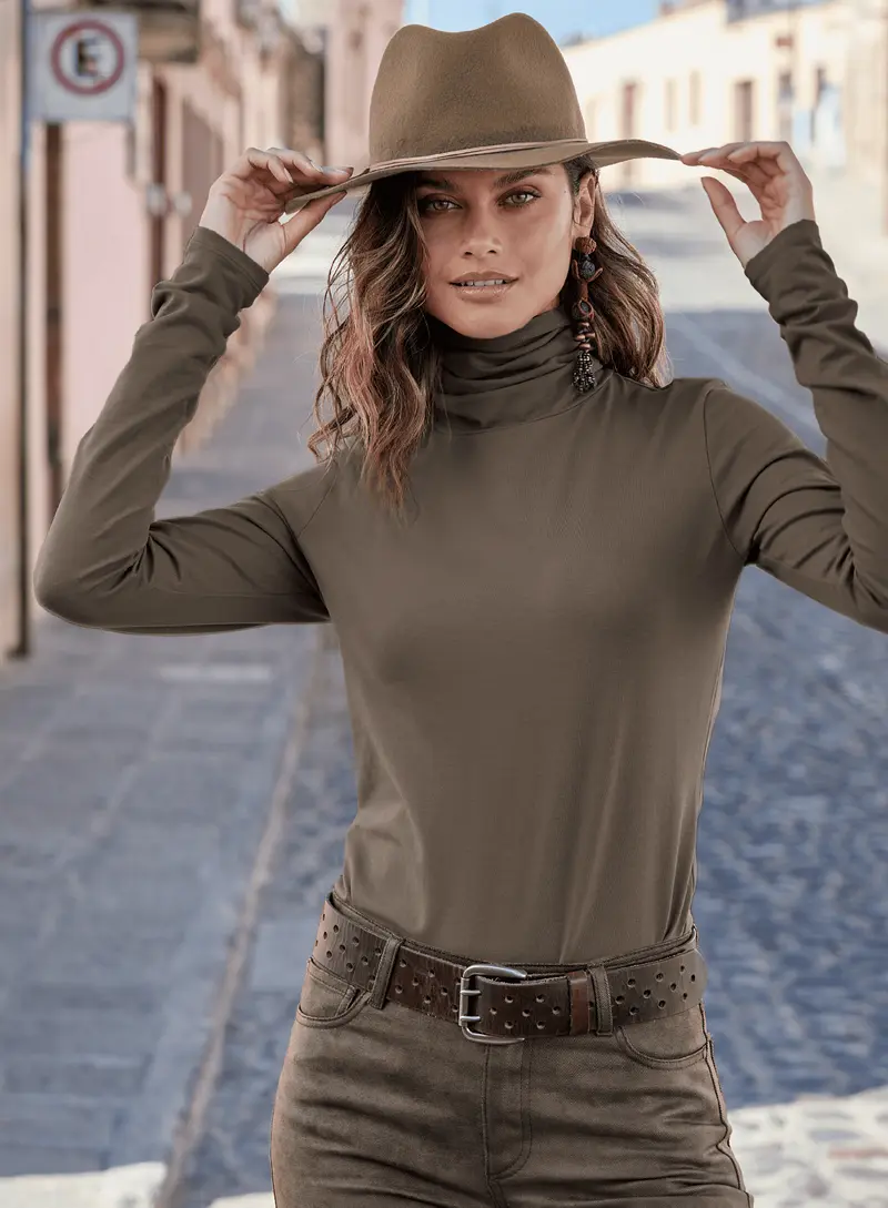 Damen Rollkragen-Top aus Baumwolle | Figurbetontes Langarmshirt mit weicher atmungsaktiver Stoffqualität und Stretch