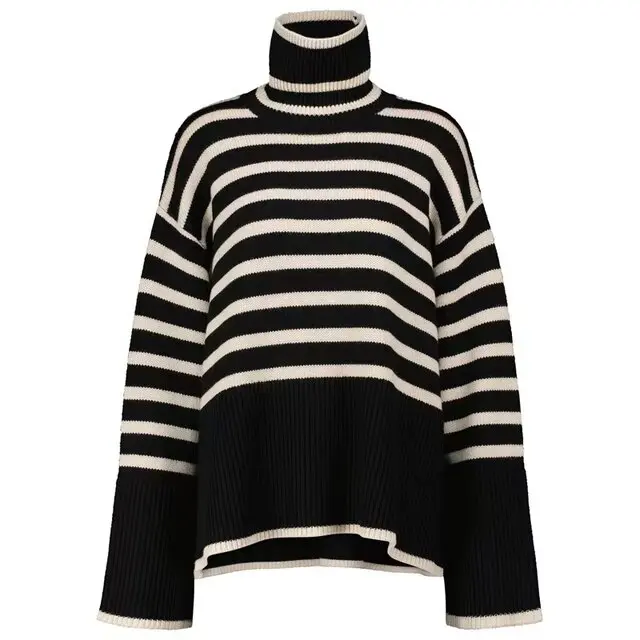 Damen Rollkragenpullover gestreift | Locker geschnittener Oversize-Pullover mit warmem Tragegefühl für Herbst und Winter