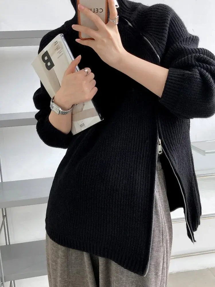Damen Rollkragenpullover | Grobstrick mit diagonalem Reißverschluss & lockerer Passform für Herbst und Winter
