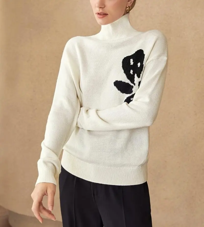 Damen Rollkragenpullover mit Blumenmuster | Weicher Baumwollpullover mit lockerem Schnitt für Alltag und elegante Looks