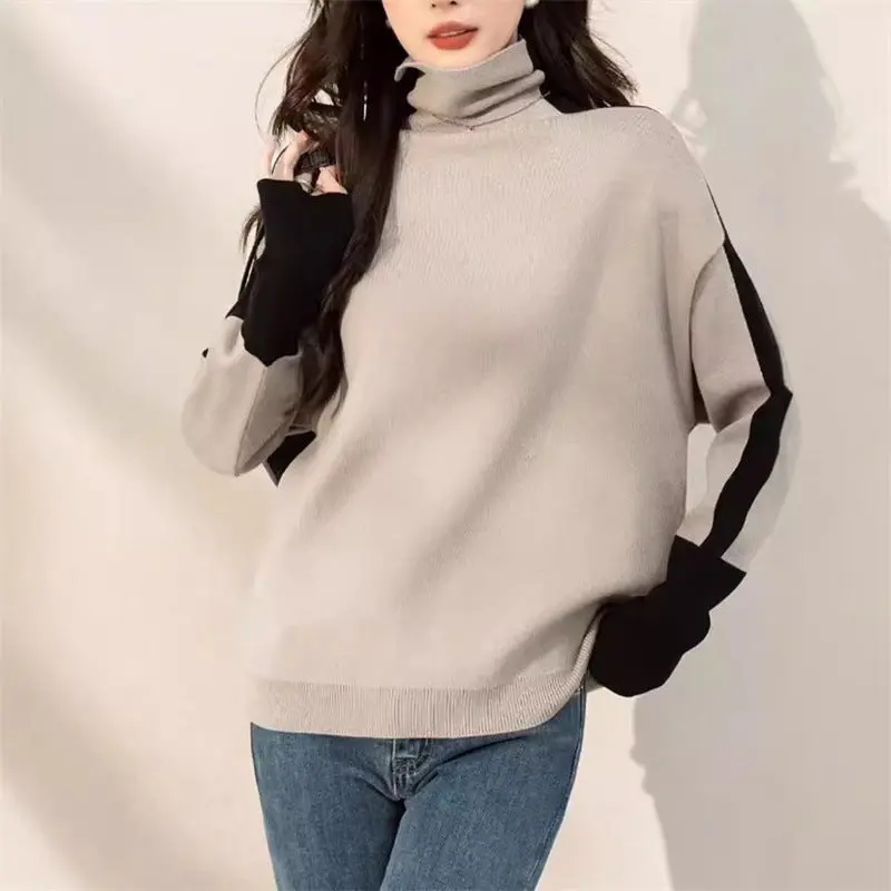 Damen Rollkragenpullover mit Kontrastärmeln | Weicher Pullover mit hohem Kragen und lockerem Schnitt für Alltag und Büro