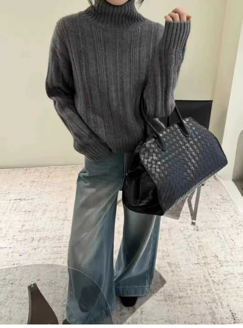 Damen Rollkragenpullover mit Rippenmuster | Warmer weicher Pullover mit lockerem Schnitt für Alltag, Freizeit und kühle Tage