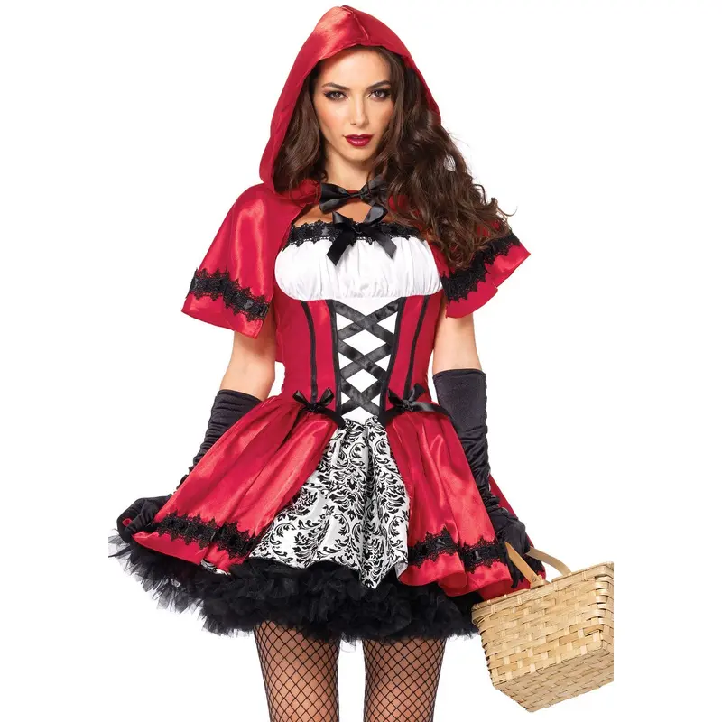 Damen Rotkäppchen Kostüm Rot Schwarz | Gothic Halloween Kleid mit Kapuzenumhang, Schnürung und Tüllrock für Mottoparty