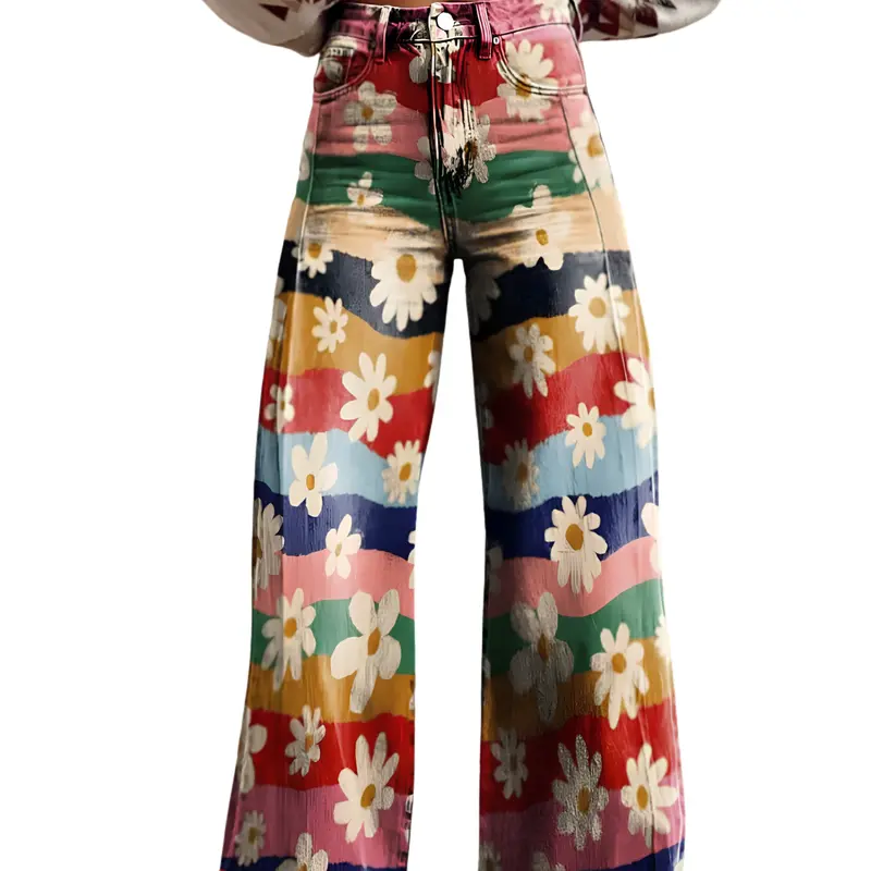 Damen Schlaghose mit Blumenmuster & High Waist | Fließende Palazzo Hose im Retro-Stil | Bequeme Stretch-Passform | S–5XL