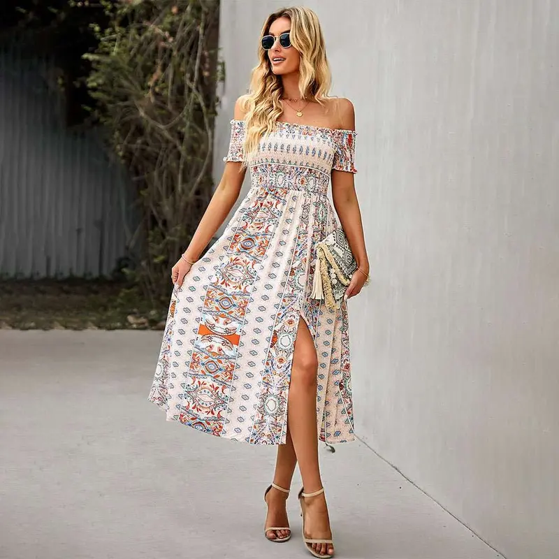 Damen Schulterfreies Sommerkleid mit Blumenmuster | Wickel-Look | Für Strand, Festival & Urlaub