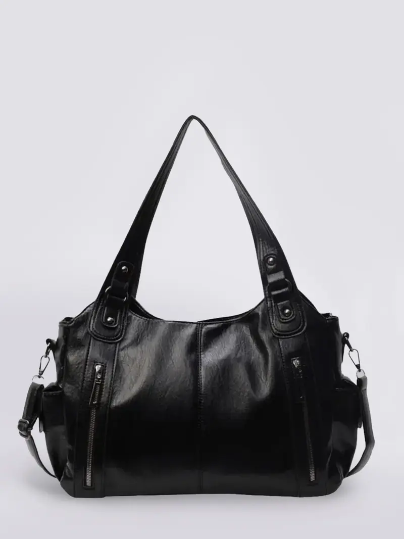 Damen Schultertasche | Große Umhängetasche aus veganem Kunstleder mit Reißverschluss und Laptopfach