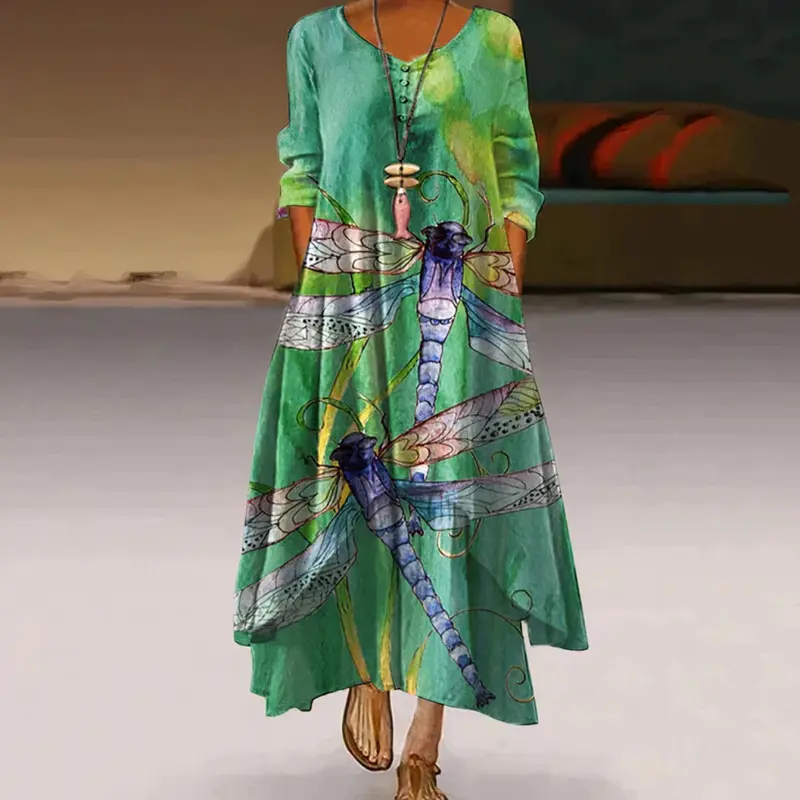 Damen Sommer Maxi-Kleid doppellagig mit Print & Langarm | Luftig-leicht, fließender Schnitt | Figur schmeichelnd | Strand & Events