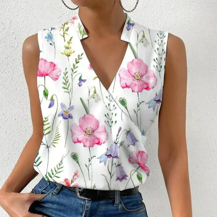 Damen Sommer Top ärmellos mit Blumenmuster | Leicht & atmungsaktiv | Pflegeleichtes Oberteil für Freizeit, Urlaub & Alltag