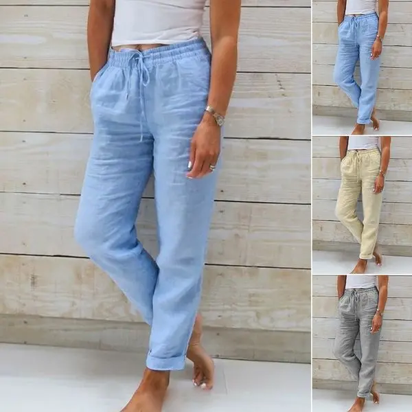 Damen Sommerhose mit elastischem Bund | Gerade, lockere Passform für Alltag & Urlaub | Atmungsaktiv & bequem | Farben Blau–Weiß S–XXXL