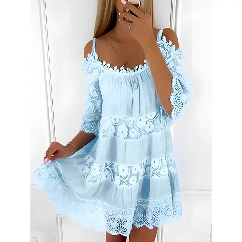 Damen Spitzenkleid Schulterfrei | Elegantes Off-Shoulder Kleid mit Halbärmeln | Festliches Kleid für besondere Anlässe