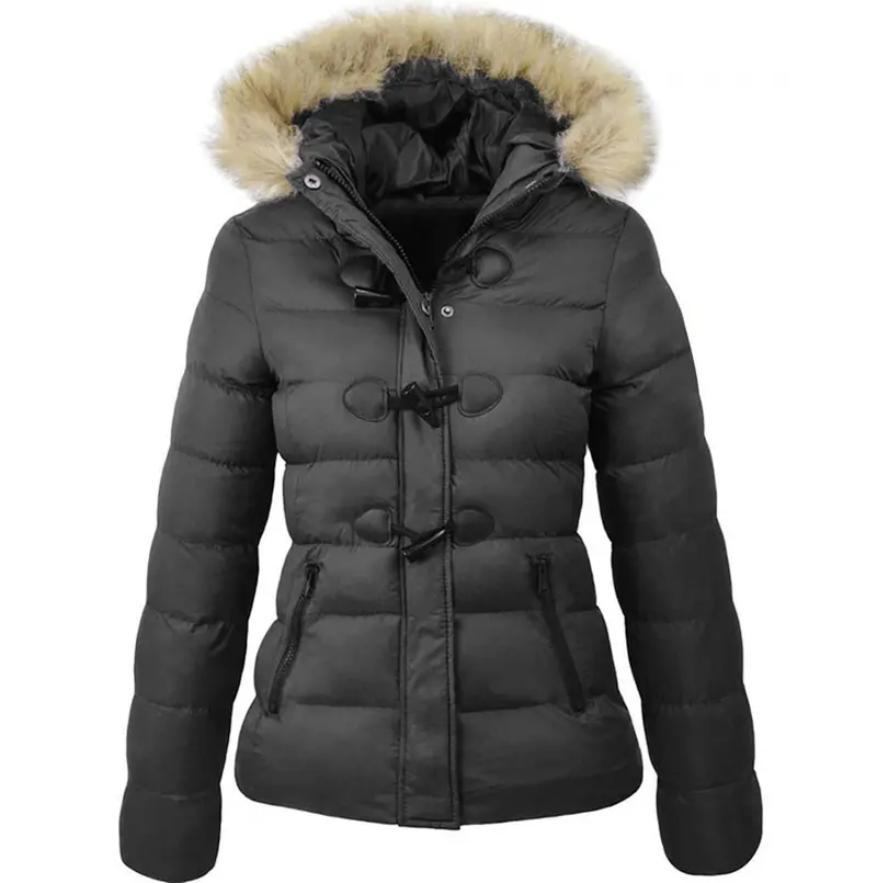 Damen Steppjacke mit Kunstfellkapuze | Warm gefütterte Winterjacke mit Knebelknöpfen, hohem Kragen und taillierter Passform