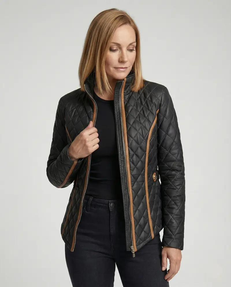 Damen Steppjacke mit Stehkragen | Taillierte Übergangsjacke mit Diamant-Steppung, Taillengürtel und Seitentaschen für Alltag