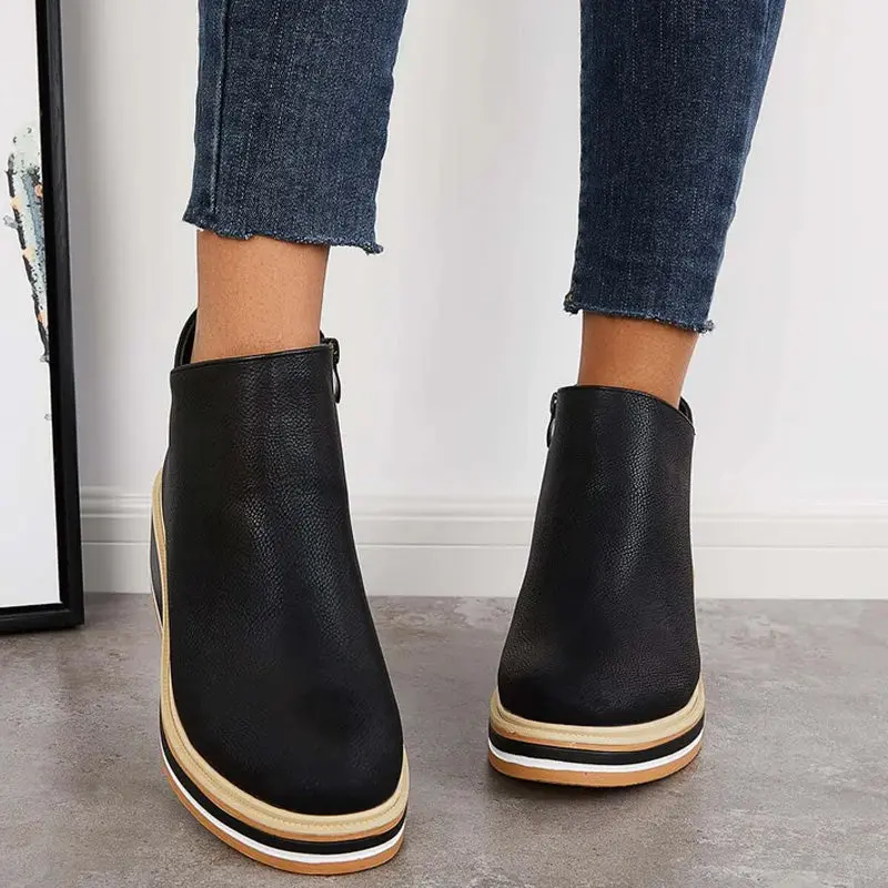 Damen Stiefeletten | Bequeme Ankle Boots mit Plateausohle, Reißverschluss und rutschfestem Profil