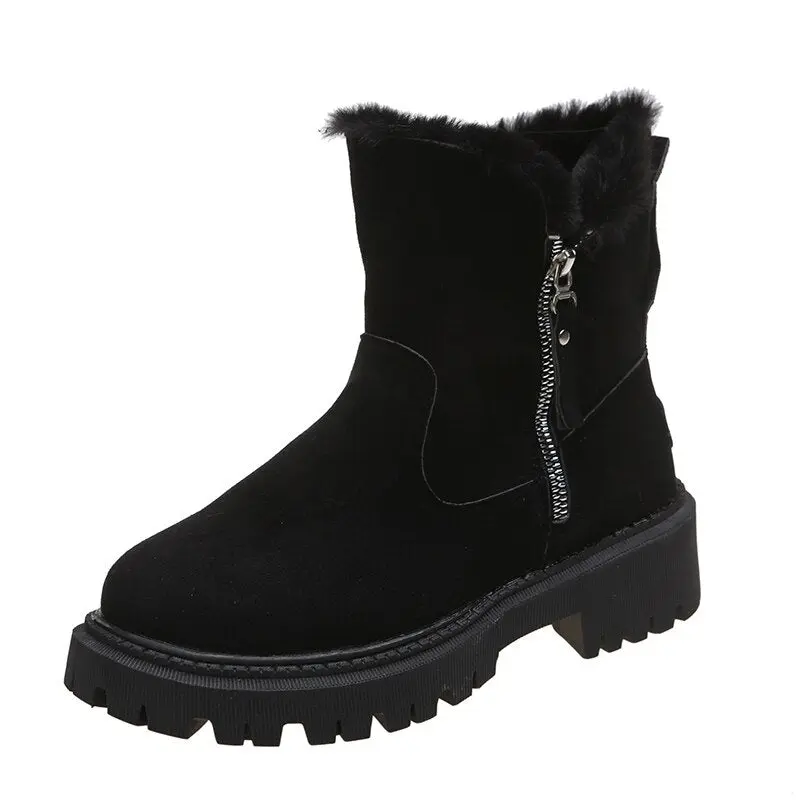 Damen Stiefeletten mit Fellfutter | Gefütterte Wildlederstiefel mit Reißverschluss, Fellkragen und robuster Sohle für den Winter