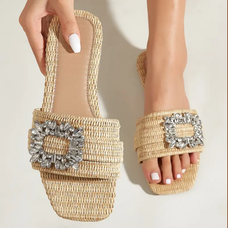 Damen Strass-Pantoletten mit Plateausohle | Glitzer-Slipper mit niedrigem Absatz | Elegante Sommersandalen
