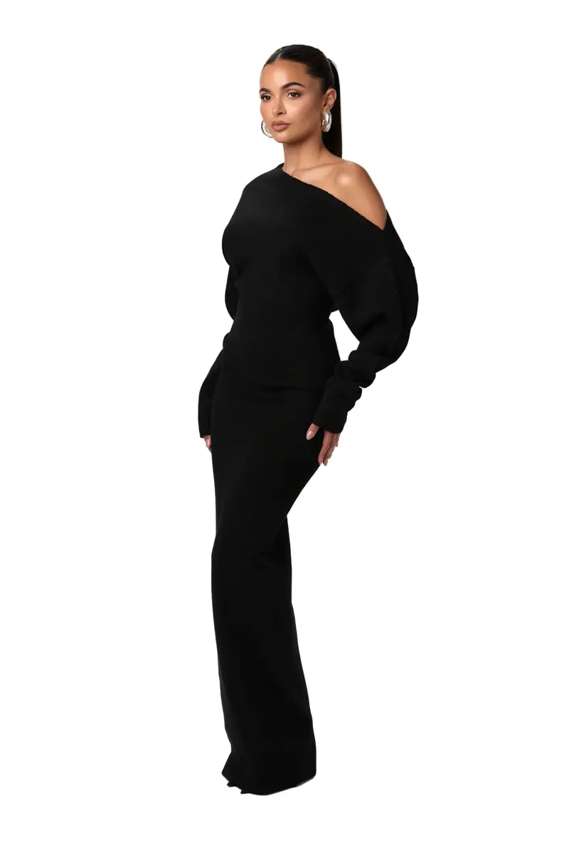 Damen Strickkleid mit Drop-Shoulder | Lockeres Sweater Kleid mit weicher Strickstruktur | Casual Komfort | Schwarz, Grau & Weiß