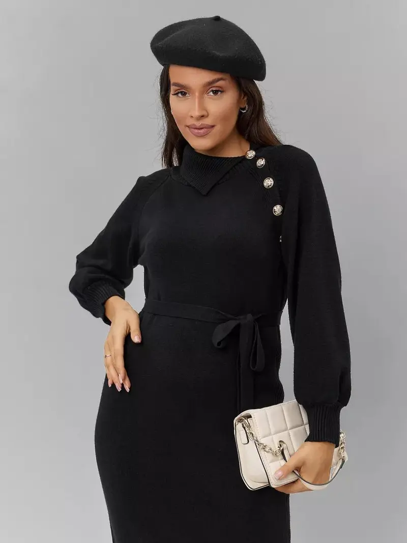 Damen Strickkleid mit Gürtel | Taillierbares Winterkleid mit Schulterknöpfen und lockeren Ärmeln für Alltag und besondere Anlässe