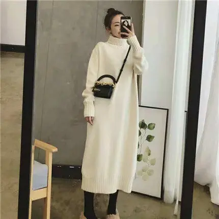 Damen Strickkleid mit hohem Kragen | Langes Winterkleid mit Rippdetails und weicher Strickstruktur für Alltag und besondere Anlässe