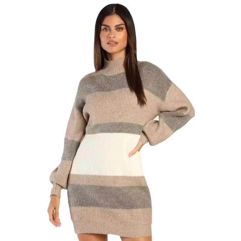 Damen Strickkleid mit Rollkragen | Figurbetontes Winterkleid mit Streifenmuster für Alltag, Büro und besondere Anlässe